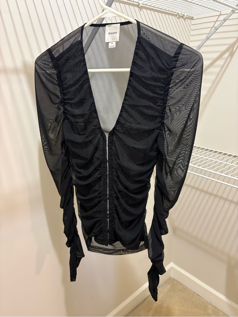 Maeve Black Sheer Ruched Zip-Front V-Neck Top